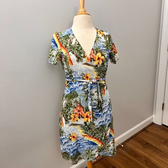 Marine Layer Frances Wrap Dress - Hawaiian Print Linen Blend Sz S - Picture 2 of 13